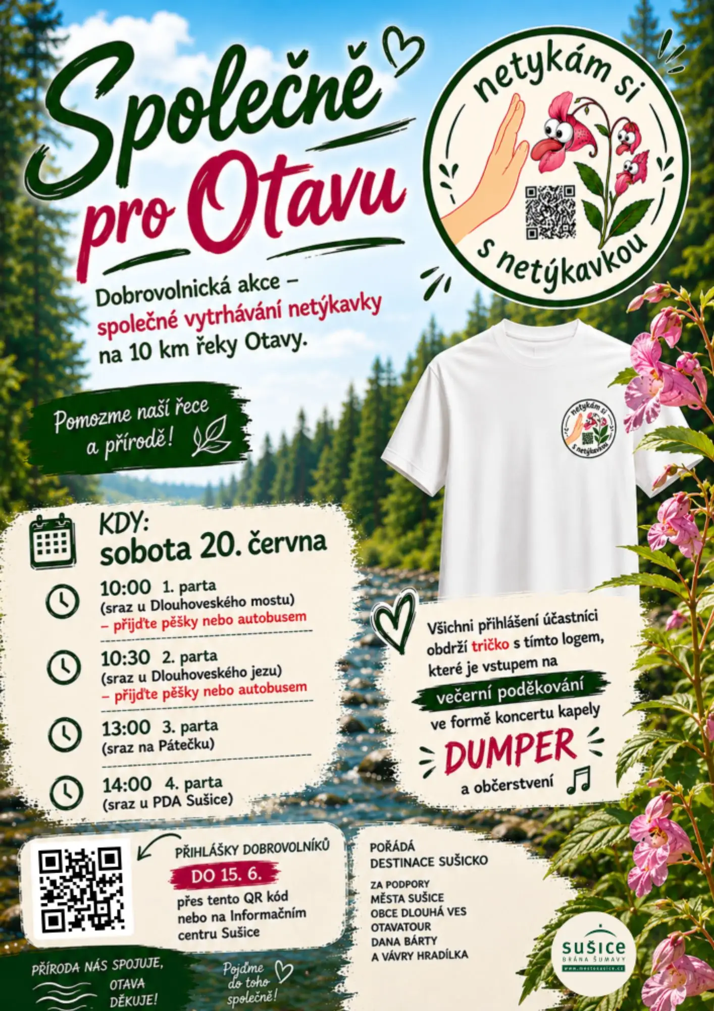 Trhání invazivní netýkavky na Otavě 20.6.